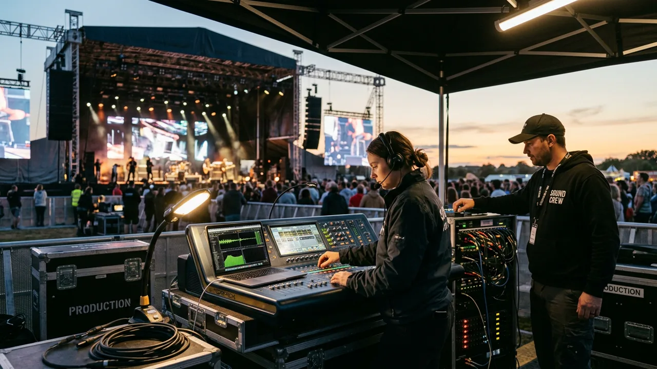 Équipe technique sur le terrain lors d'un montage acoustique